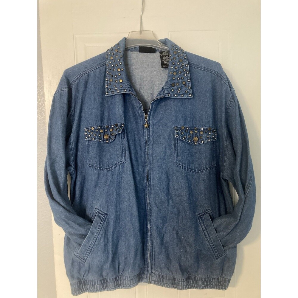 Vtg Y2K Denim Studded Jacket Rhinestones Blue Jean 1X Cowgirl Rodeo Grannycore